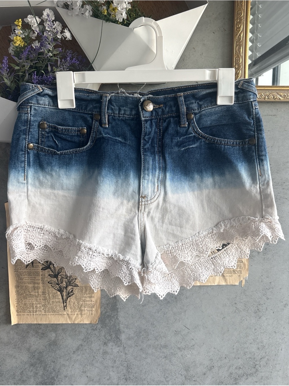 Free People Blue-to-White Dip Dye Denim Shorts with Lace Trim